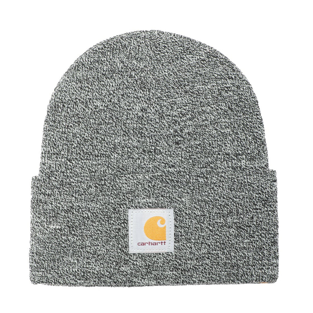 A heather gray knit beanie hat with a white square Carhartt logo patch on the front cuff, set against a plain white background.